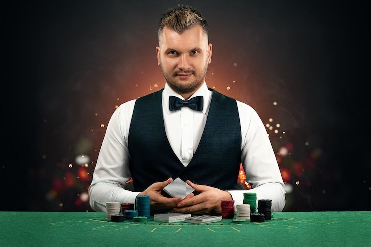 Live Baccarat dealer managing cards at gol55 studio table